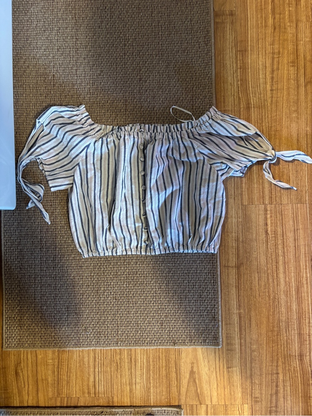 Striped Off-Shoulder Crop Top in White, Black and Light Blue